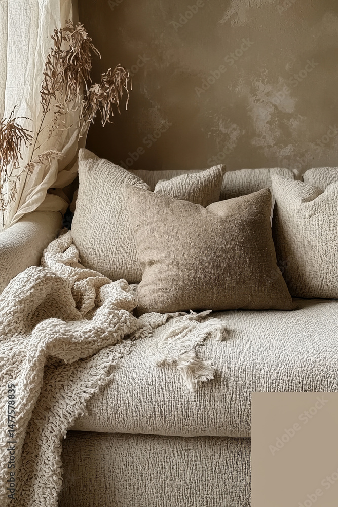 Aufkleber cozy living room scene featuring soft beige sofa adorned with textured cushions and warm knitted thr