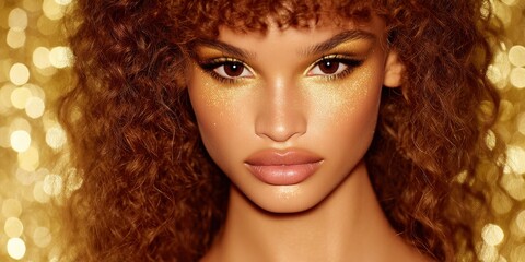 Captivating portrait of a woman with curly hair adorned with glittery makeup highlighting golden tones in a luminous bokeh background radiating beauty and confidence