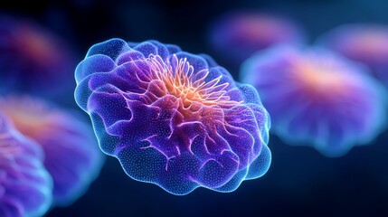Digital Organoids Forming in a Petri Dish with Vibrant Blue and Purple Colors