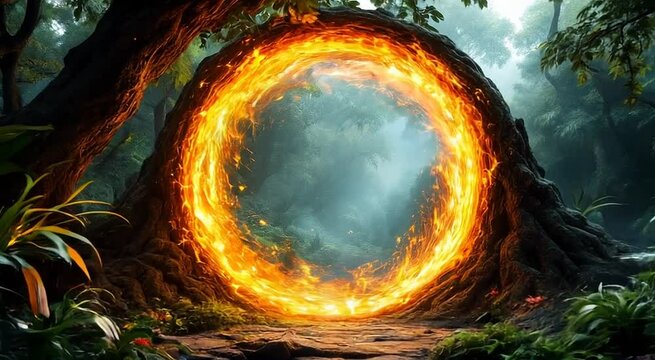 A Mystical Portal Surrounded by Lush Greenery and Glowing Flames in a Serene Forest Enclave