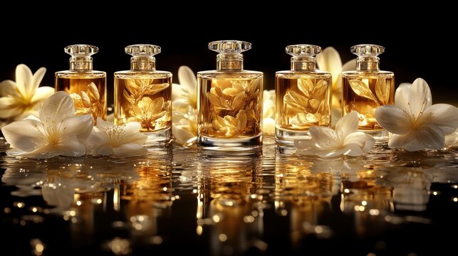 Exquisite perfume bottles, adorned with delicate floral accents, resting on a glistening surface, evoking a sense of luxury and sophistication - Powered by Adobe