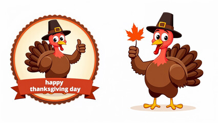 Fototapeta premium happy thanksgiving day, two cartoon turkey wearing a pilgrim hat and holding maple