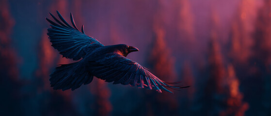 Fototapeta premium flying raven in natural landscape background – symbolic wildlife image suitable for nature articles, environmental campaigns