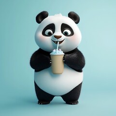 Playful Panda Sipping Delight: Adorable panda indulges in a refreshing beverage, bringing a sense of joy. Capturing the moment of cuteness and carefree enjoyment