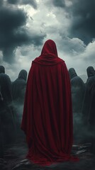 Man with red hood surrounded by men with black hoods, concept of esoteric figure Antichrist with copy space vertically 9:16