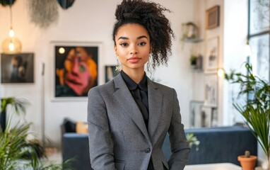 A confident young woman in a stylish gray suit stands poised in a modern, well-decorated living space filled with plants and art, exuding professionalism and elegance