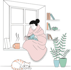 Cozy Reading Nook Vector Illustration – Minimalist Interior Scene with Reader, Cat, and Plants on transparent Background