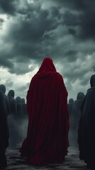 Man with red hood surrounded by men with black hoods, concept of esoteric figure Antichrist with copy space vertically 9:16