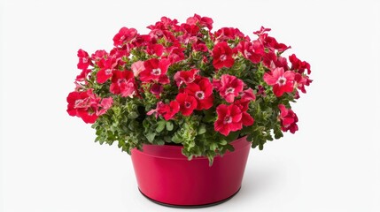 Red pot filled with radiant flowers isolated over white studio background with symmetrical framing