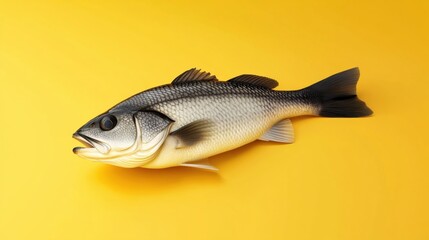 Naklejka premium Sea bass positioned head to the left on bright orange, with crisp shadows and scale details