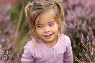 A cute little girl in pink stands among purple heather flowers, green grass, and yellow wildflowers in the background.