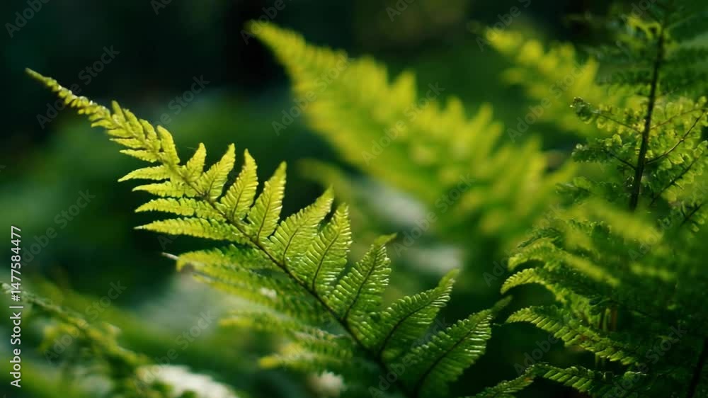 Poster bright green ferns with intricate leaf patterns on a slightly blurred background.