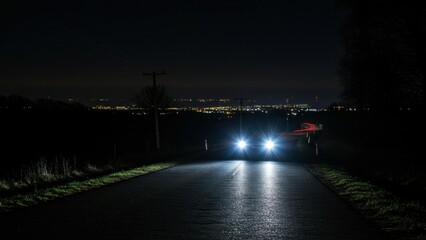 Car headlights illuminate a dark road at night