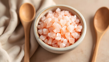 Himalayan Pink Salt in a Bowl with Wooden Spoons