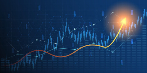 Abstract financial graph with uptrend line arrow and bar chart of stock market on blue color background