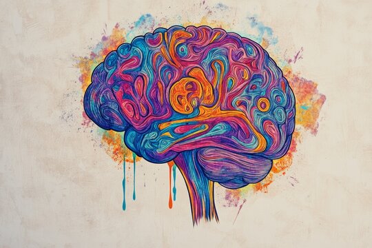 brain with colorful patterns representing mental health awareness, set against a minimal background with lots of copy space colorful  illustration