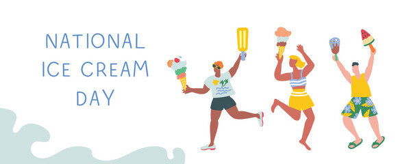 Happy National Ice Cream Day. Funny people in summer clothes holding ice cream in their hands. 