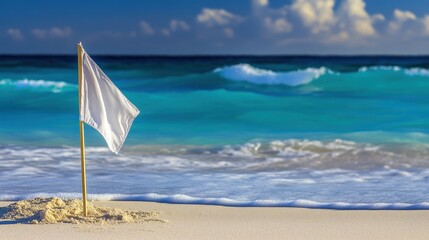 Single beach flag captured from a low angle on the sand, waves blurred in the distance with clear sea green tint