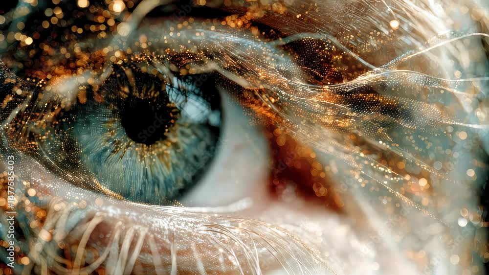 Poster hyperdetailed artistic close-up of a human eye with digital light trails and sparkling golden overla