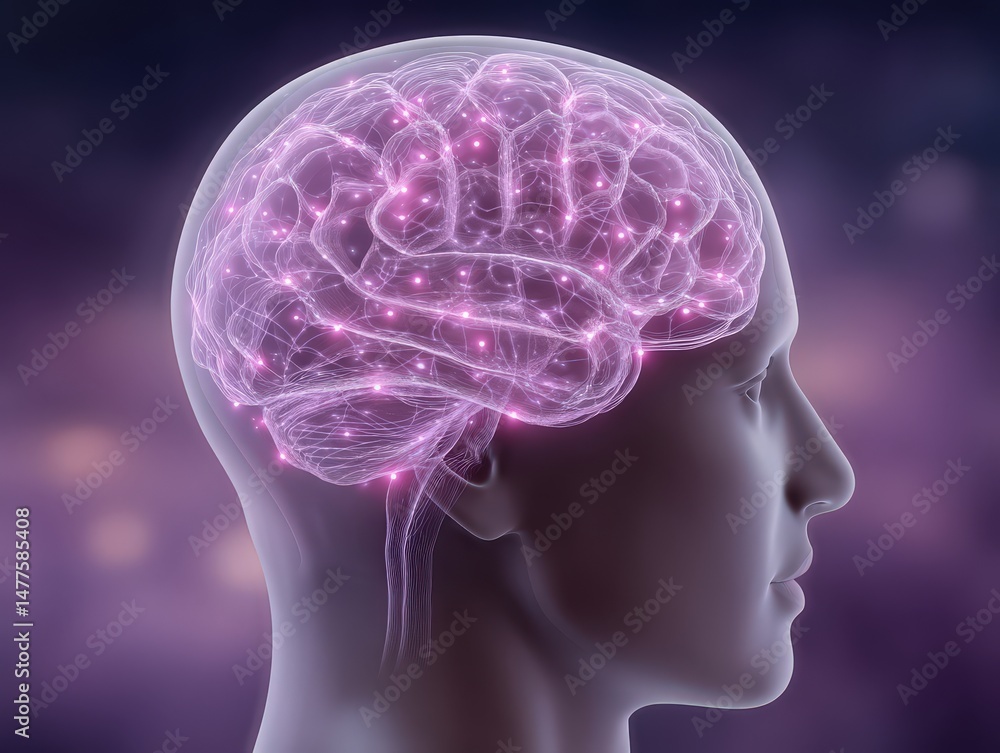 Aufkleber a translucent human brain glowing with intricate neural pathways illuminated by vibrant pink energy 