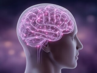 Obraz premium A translucent human brain glowing with intricate neural pathways illuminated by vibrant pink energy against an enchanting cosmic background showcasing the wonders of cognitive science and
