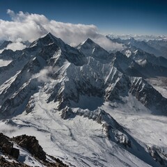 "Show a bird&rsquo;s-eye view of Shishapangma surrounded by deep valleys, jagged ridgelines, and swirling clouds as a snowstorm approaches from the west, adding drama to the high-altitude environment."