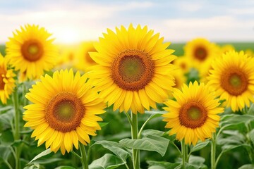 Fototapeta premium Bright yellow sunflowers blooming in a field under a clear sky.