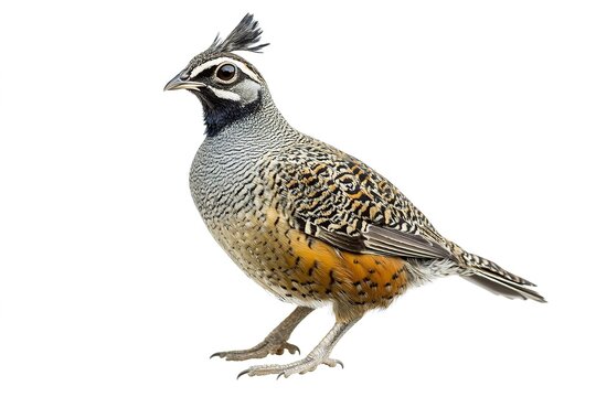 A gentle quail with its distinctive topknot, perched on a white background, isolated for clarity