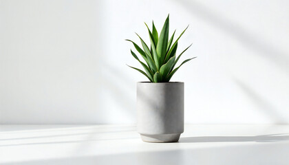 A succulent plant in a minimalist gray ceramic pot, casting soft shadows, epitomizes natural elegance. A simple yet sophisticated visual, perfect for interior decor.