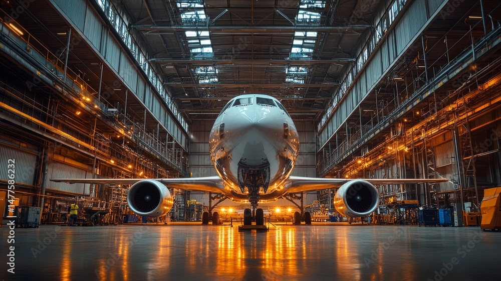 Poster an airplane is positioned centrally in a spacious hangar, illuminated by bright lights that reflect 