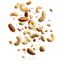 Peanuts and almonds falling on white background
