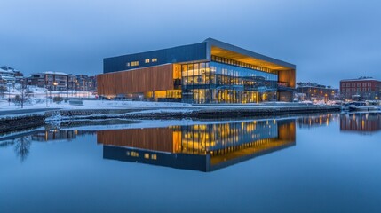 Modern building reflected in calm, snow-covered waterfront at twilight.