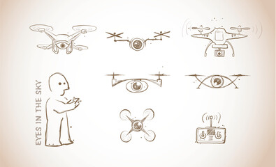 Doodle-style vector of drones with cameras, a remote control, and a drone operatoin beige colors
