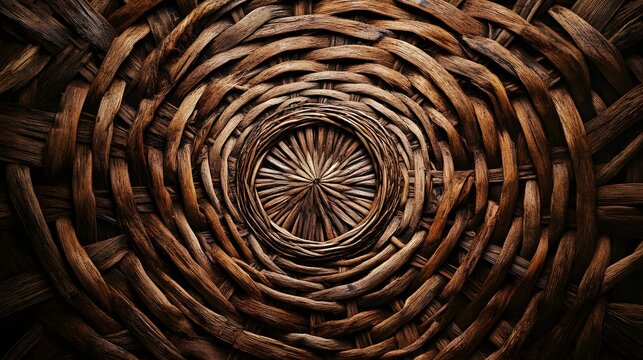 Intricate circular weave pattern of brown basketry.