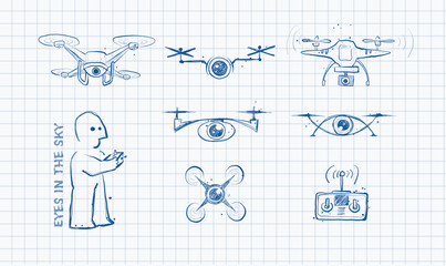 Doodle-style vector of drones with cameras, a remote control, and a drone operatoin on graph paper background