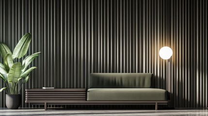 Modern living room interior design featuring dark tones.