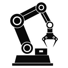 A black robotic arm is carefully holding a small cube against a white backdrop