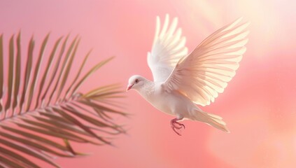 Fototapeta premium Beautiful white dove with palm branch flying in a pink sky. A peace concept, love symbol and spiritual mythology of animals background.