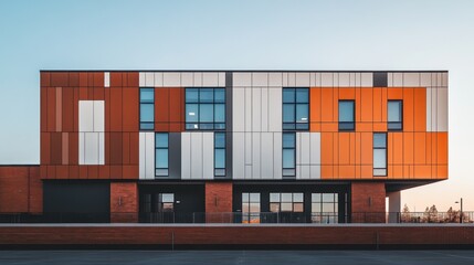Modern building with orange, white, and rust-colored facade.