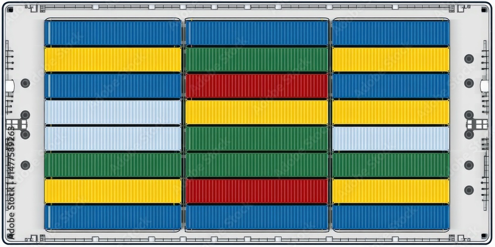 Poster colorful shipping containers arranged systematically in an aerial view demonstrating efficiency and 