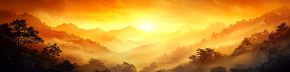 Fototapeta premium Sunrise casts golden hues over misty, forested mountains stretching to the horizon. Concept of natural beauty and tranquility. For landscape backgrounds.