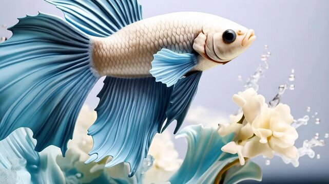 Elegant Blue Betta Fish Ceramic Sculpture Leaping Water Waves Flowers Decor