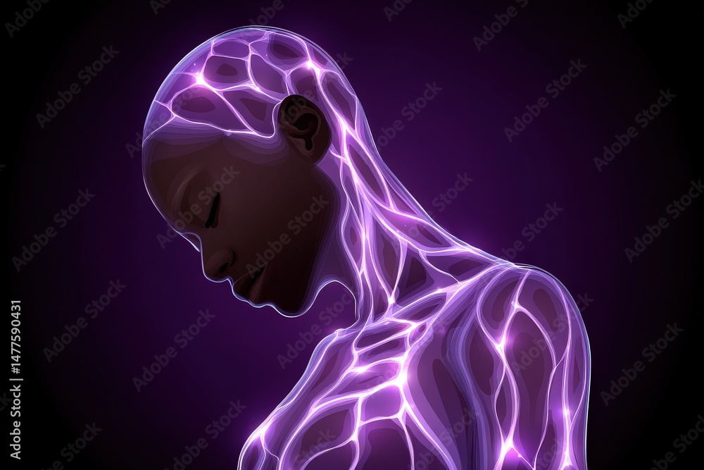 Poster ethereal representation of a thoughtful figure illuminated with glowing neural patterns showcasing t