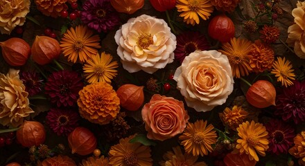 Floral Arrangement with Roses, Dahlias, and Lanterns - Autumnal Hues