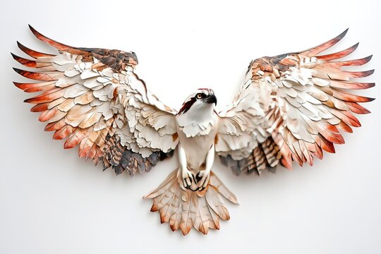 A graceful osprey with sharp eyes and wide wings, captured mid-flight against a white backdrop