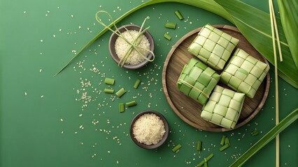 ketupat traditional food for eid mubarak or salama and green background