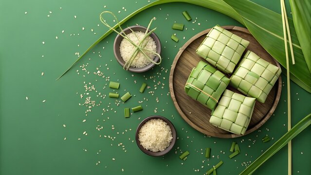 ketupat traditional food for eid mubarak or salama and green background