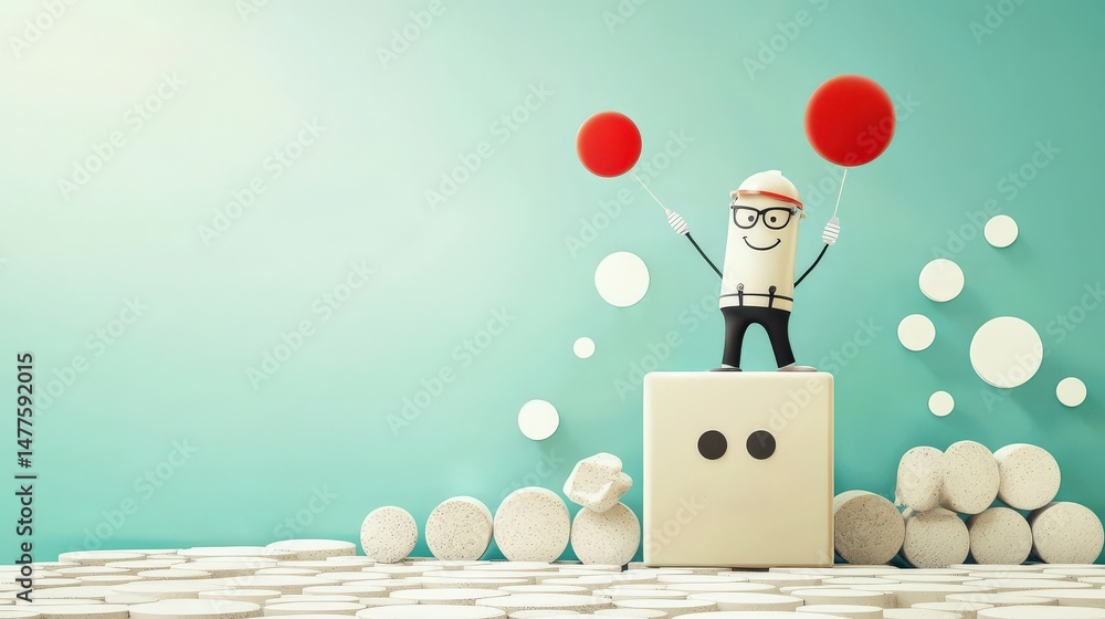 Poster material science nanomaterials concept. cheerful character holding balloons on a platform with abstr