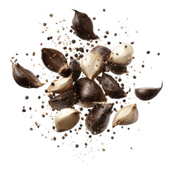 Black Garlic Cloves and Peppercorns Exploding in Mid-Air
