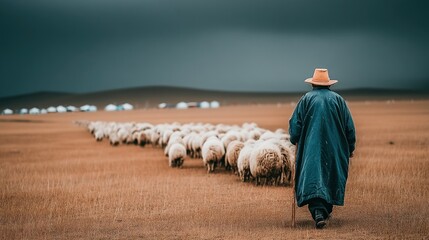 Shepherd leads sheep across dry plains